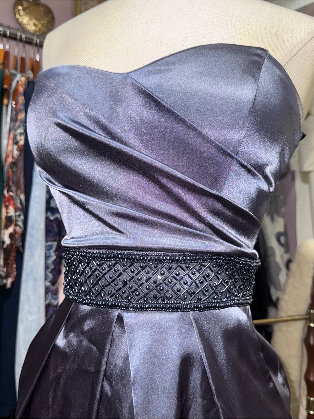 Strapless Satin Evening Dress with Beaded Waistband - Purple/Grey